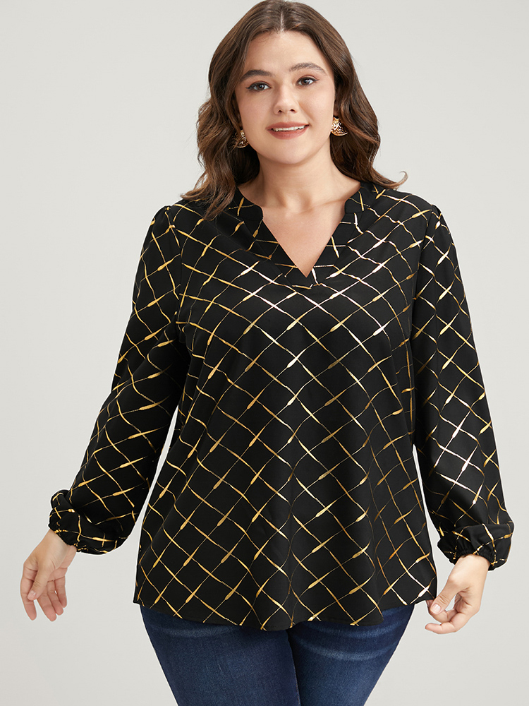 

Plus Size Black Argyle Print V Neck Lantern Sleeve Blouse Women Office Long Sleeve V-neck Work Blouses BloomChic