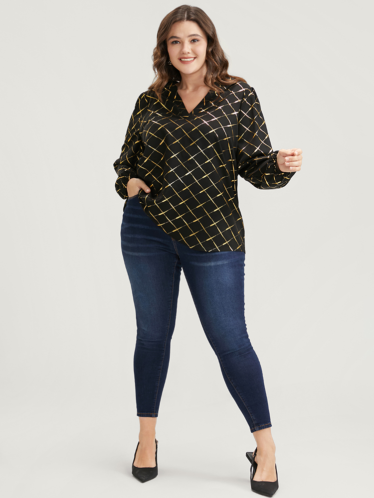 Plus Size Women Work Plaid Printed Lantern Sleeve Long Sleeve V-neck Office Blouses BloomChic 