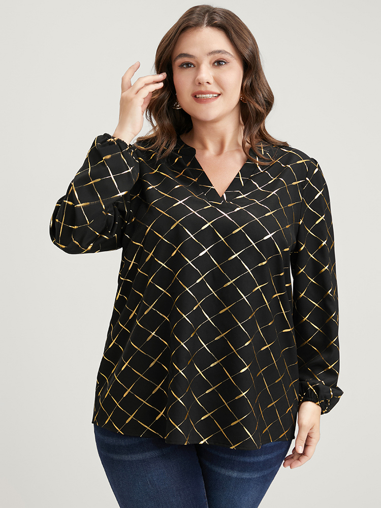 Plus Size Women Work Plaid Printed Lantern Sleeve Long Sleeve V-neck Office Blouses BloomChic 