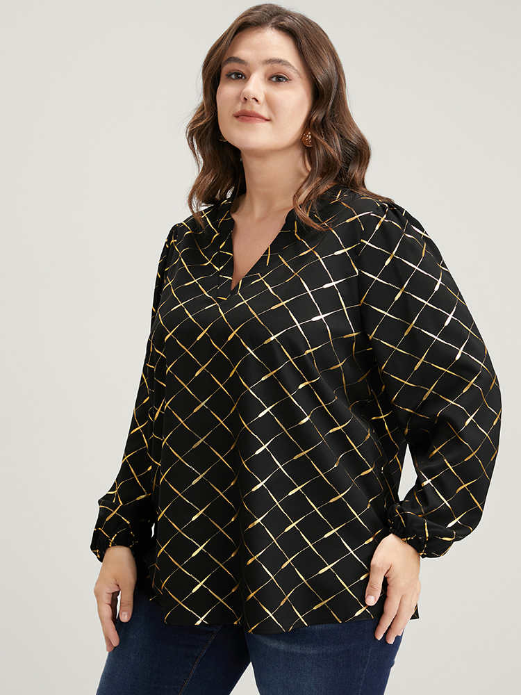 Plus Size Women Work Plaid Printed Lantern Sleeve Long Sleeve V-neck Office Blouses BloomChic 