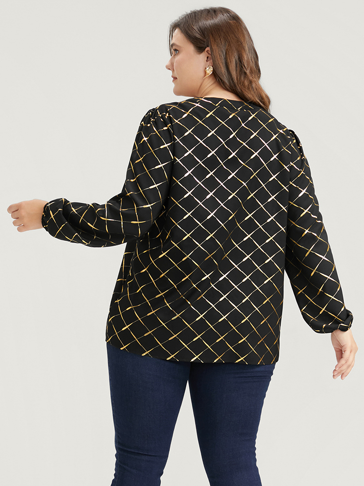 Plus Size Women Work Plaid Printed Lantern Sleeve Long Sleeve V-neck Office Blouses BloomChic 