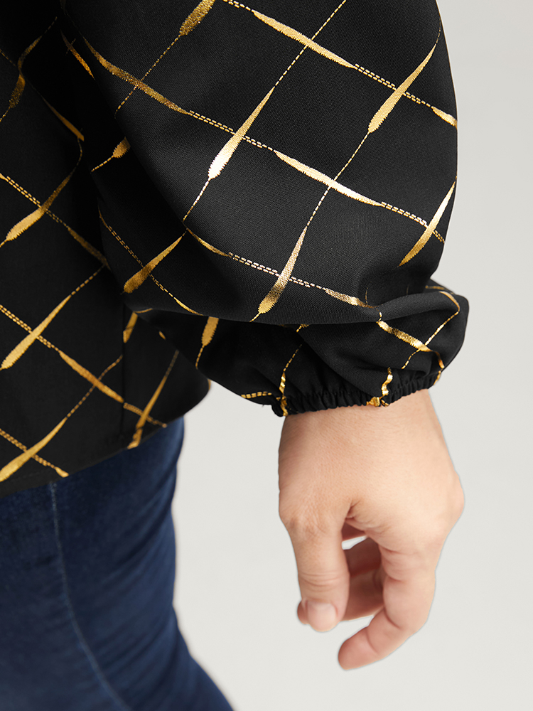 Plus Size Women Work Plaid Printed Lantern Sleeve Long Sleeve V-neck Office Blouses BloomChic 