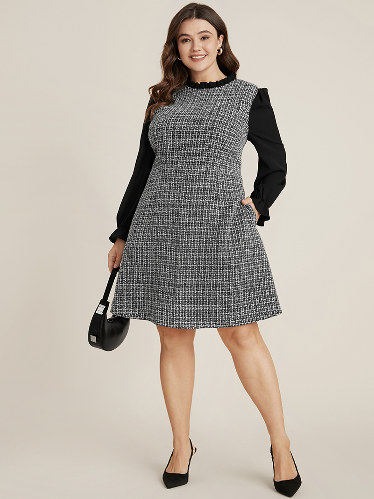 

Houndstooth Contrast Workwear Plus Size Women Knee Dress Workleisure Plaid Patchwork Lantern Sleeve Long Sleeve Mock Neck Pocket Knee Dresses BloomChic, Black