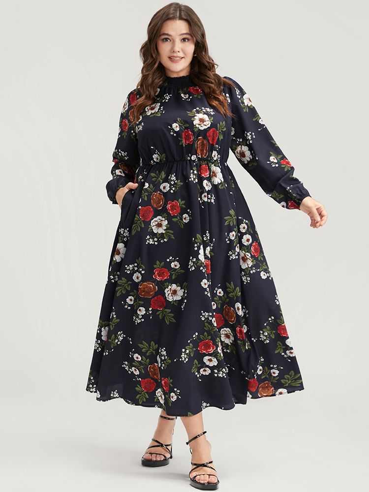 

Plus Size Floral Lantern Sleeve Pocket Shirred Mock Neck Dress DarkBlue Women Elegant Pocket Mock Neck Long Sleeve Curvy Midi Dress BloomChic