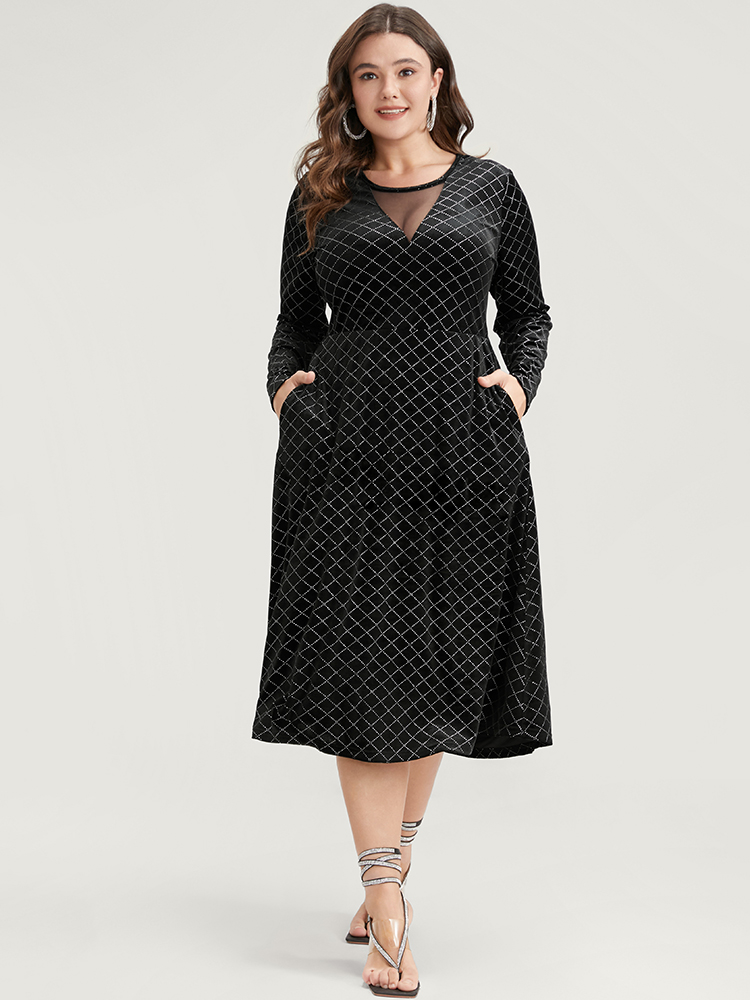 Plus Size Women Going out Gingham Sequin Regular Sleeve Long Sleeve Round Neck Pocket Party Dresses BloomChic 