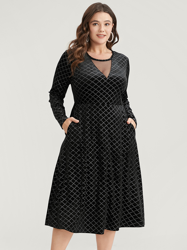 Plus Size Women Going out Gingham Sequin Regular Sleeve Long Sleeve Round Neck Pocket Party Dresses BloomChic 