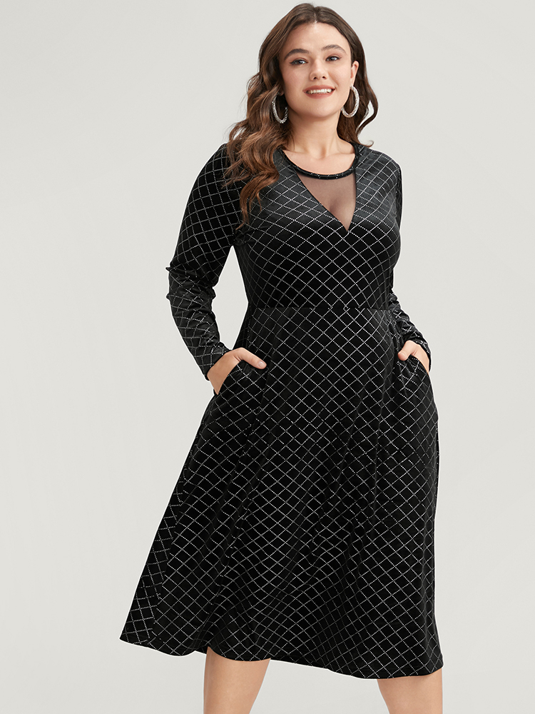 Plus Size Women Going out Gingham Sequin Regular Sleeve Long Sleeve Round Neck Pocket Party Dresses BloomChic 