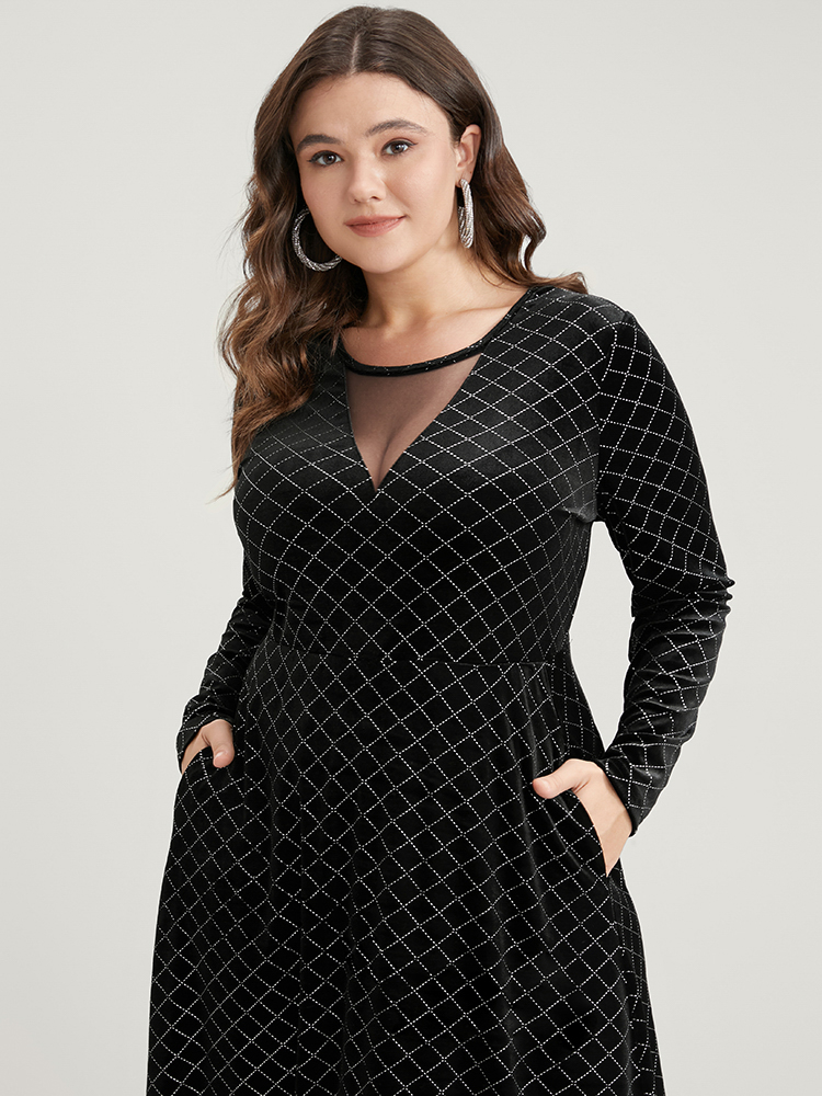 Plus Size Women Going out Gingham Sequin Regular Sleeve Long Sleeve Round Neck Pocket Party Dresses BloomChic 