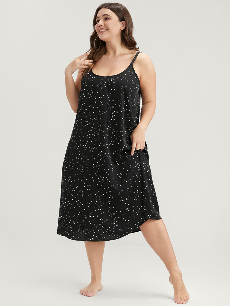 

Plus Size Star Print Sleeveless Cami Night Dress Women Black Elegant Moon and Star Printed Spaghetti Strap Loungewear BloomChic