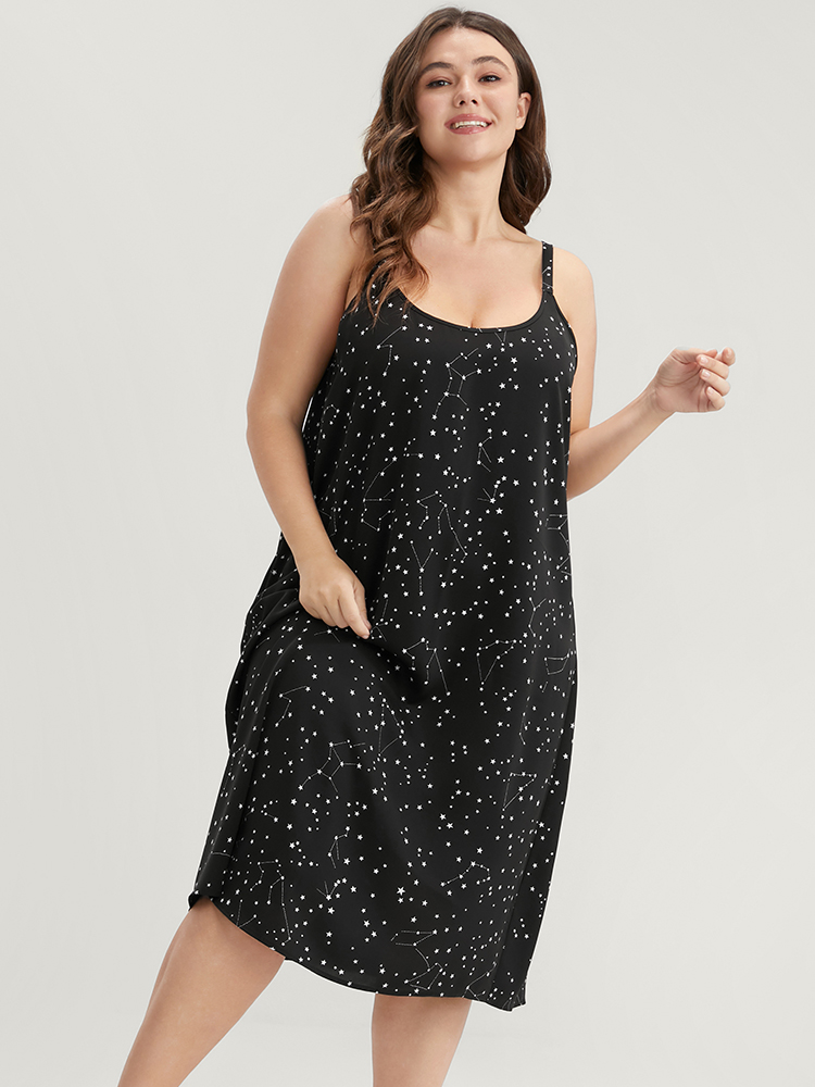 Plus Size Star Print Sleeveless Cami Night Dress Women Black Elegant Moon and Star Printed Spaghetti Strap Loungewear BloomChic 10/M 