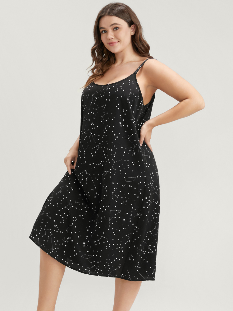 Plus Size Star Print Sleeveless Cami Night Dress Women Black Elegant Moon and Star Printed Spaghetti Strap Loungewear BloomChic 10/M 