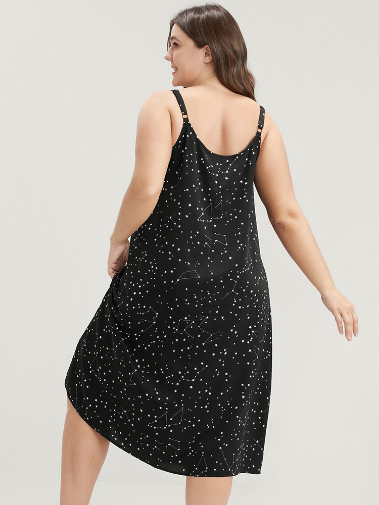 Plus Size Star Print Sleeveless Cami Night Dress Women Black Elegant Moon and Star Printed Spaghetti Strap Loungewear BloomChic 10/M 