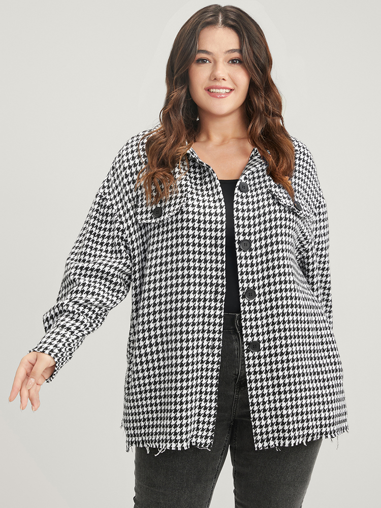 

Plus Size Houndstooth Pocket Button Up Coat Women Black Casual Button Ladies Dailywear Winter Coats BloomChic