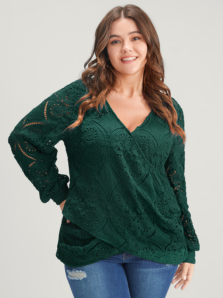 

Plus Size DarkGreen Solid Crossover Hem Lace Blouse Women Glamour Long Sleeve V-neck Going out Blouses BloomChic