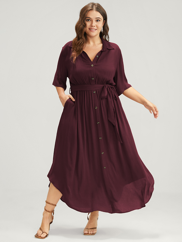 

Belted Shirt Collar Button Plus Size Shirtdress Women Workleisure Plain Sleeve Short Sleeve Shirt Collar Pocket Workwear Long Dress BloomChic, Burgundy