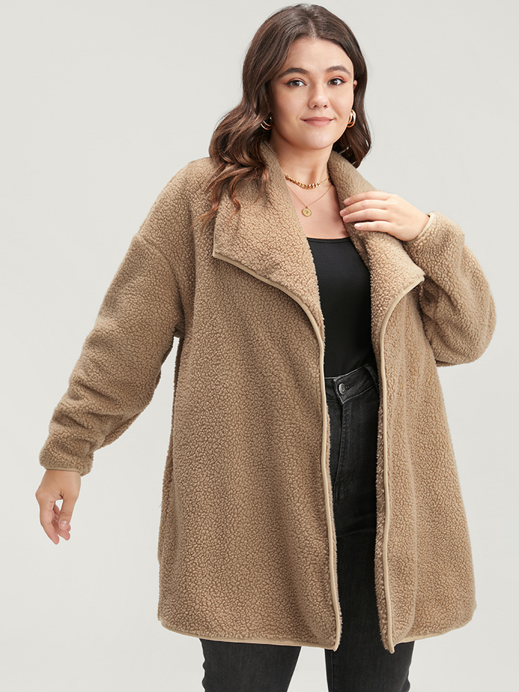 Plus Size Solid Pocket Open Front Teddy Coat Women LightBrown Casual Plain Loose Ladies Dailywear Winter Coats BloomChic 10/M 