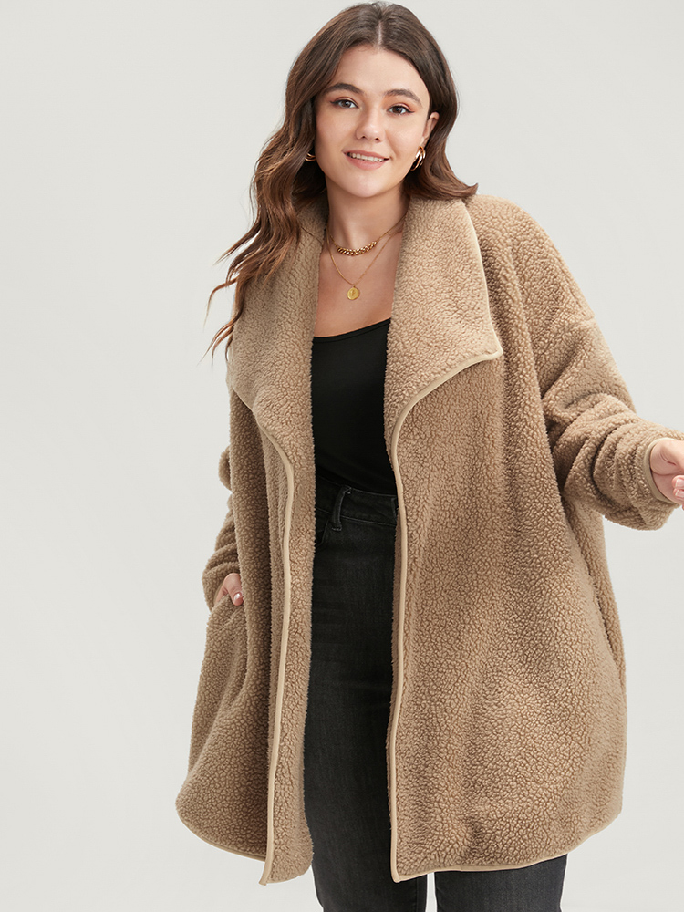 

Plus Size Solid Pocket Open Front Teddy Coat Women LightBrown Casual Plain Loose Ladies Dailywear Winter Coats BloomChic