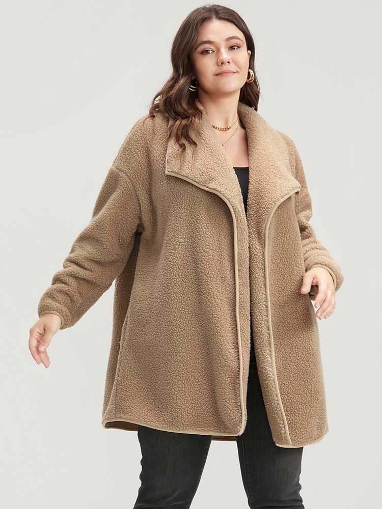Plus Size Solid Pocket Open Front Teddy Coat Women LightBrown Casual Plain Loose Ladies Dailywear Winter Coats BloomChic 10/M 