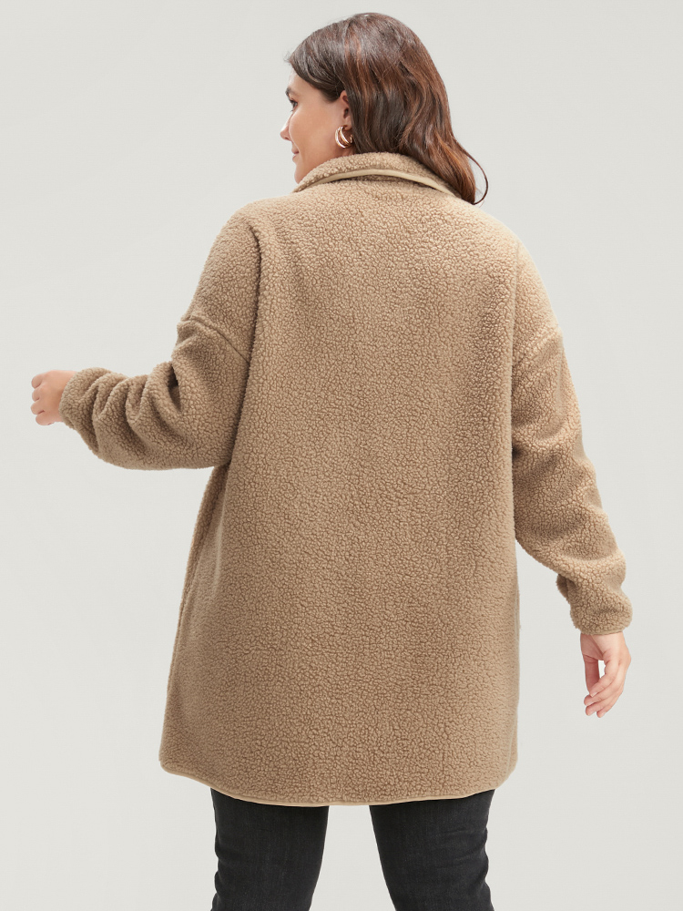 Plus Size Solid Pocket Open Front Teddy Coat Women LightBrown Casual Plain Loose Ladies Dailywear Winter Coats BloomChic 10/M 