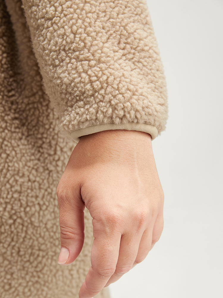 Plus Size Solid Pocket Open Front Teddy Coat Women LightBrown Casual Plain Loose Ladies Dailywear Winter Coats BloomChic 10/M 