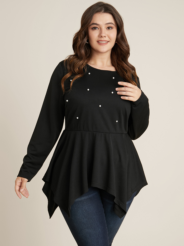 

Plus Size Solid Pearl Beaded Hanky Hem Long Tee Black Elegant Jersey Tops