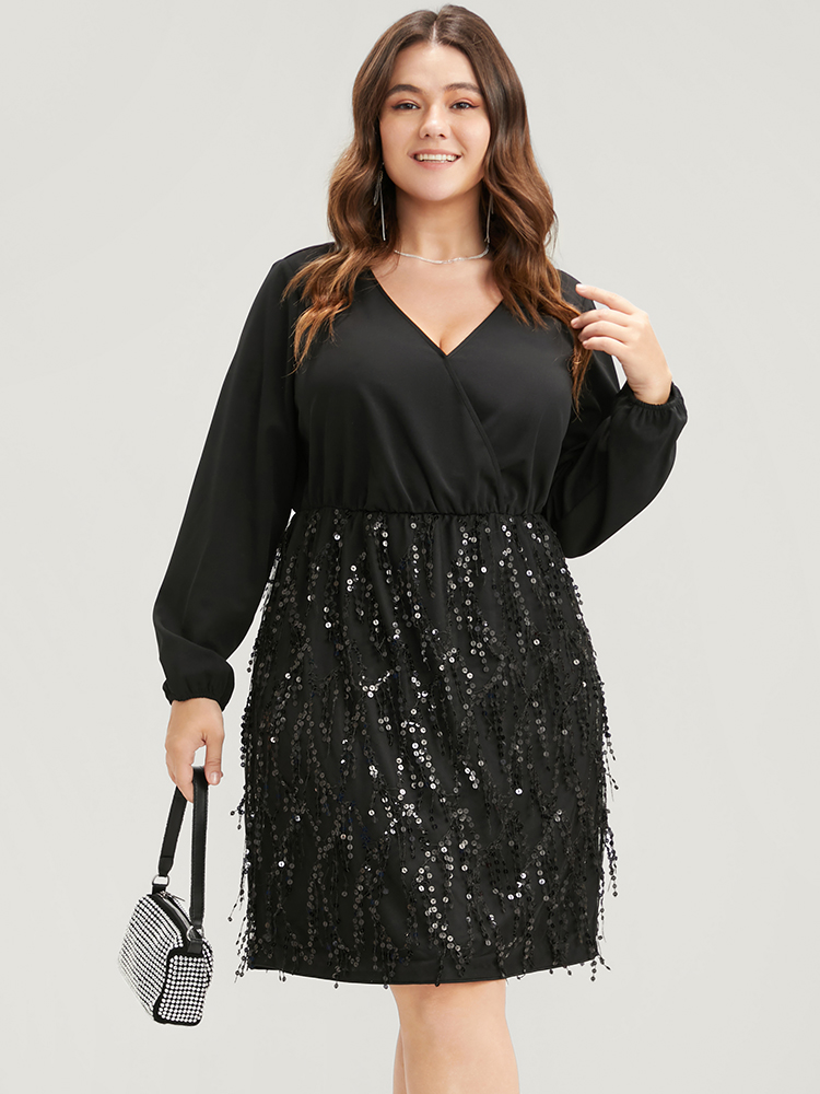 

Plus Size Solid Patchwork Wrap Sequin Tassel Detail Dress Black Women Party Patchwork V-neck Long Sleeve Curvy Knee Dress BloomChic