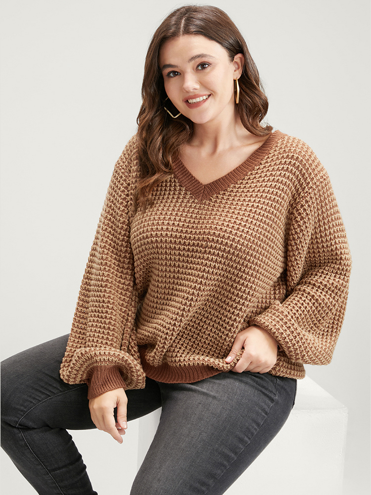 

Plus Size Solid Contrast Pointelle Knit Eyelet Lantern Sleeve Knit Top Bronze Women Casual Loose Long Sleeve Dailywear Pullovers BloomChic