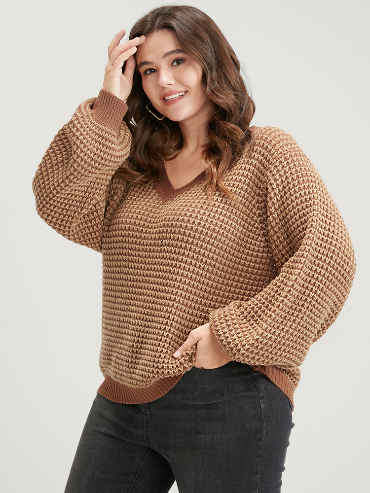 

Plus Size Solid Contrast Pointelle Knit Eyelet Lantern Sleeve Knit Top Bronze Women Casual Loose Long Sleeve Dailywear Pullovers BloomChic