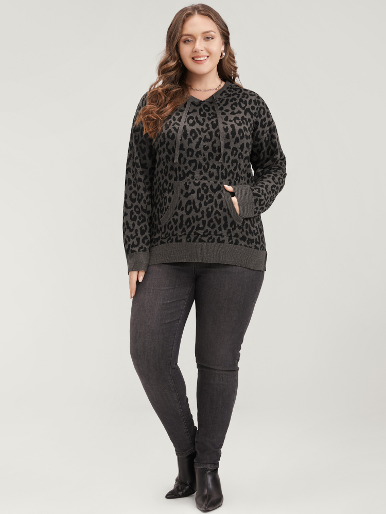 Plus Size Leopard Contrast Pointelle Knit Pocket Drawstring Hooded Knit Top DimGray Women Casual Long Sleeve Hooded Dailywear Pullovers BloomChic 12/L 