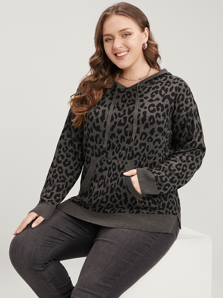 Plus Size Leopard Contrast Pointelle Knit Pocket Drawstring Hooded Knit Top DimGray Women Casual Long Sleeve Hooded Dailywear Pullovers BloomChic 12/L 