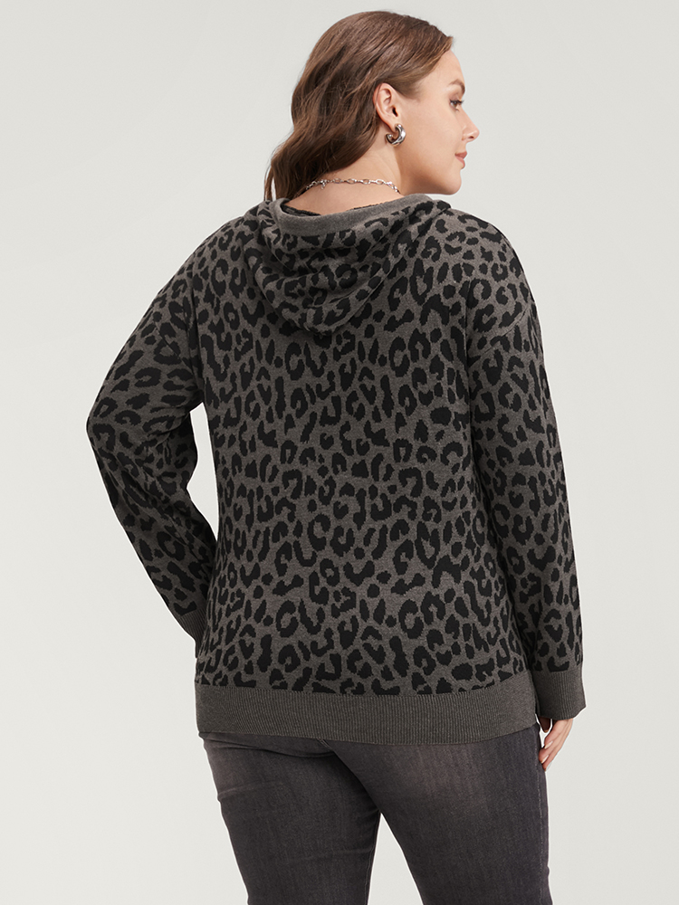 Plus Size Leopard Contrast Pointelle Knit Pocket Drawstring Hooded Knit Top DimGray Women Casual Long Sleeve Hooded Dailywear Pullovers BloomChic 12/L 