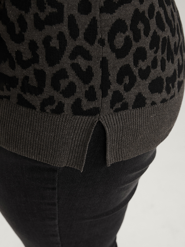 Plus Size Leopard Contrast Pointelle Knit Pocket Drawstring Hooded Knit Top DimGray Women Casual Long Sleeve Hooded Dailywear Pullovers BloomChic 12/L 