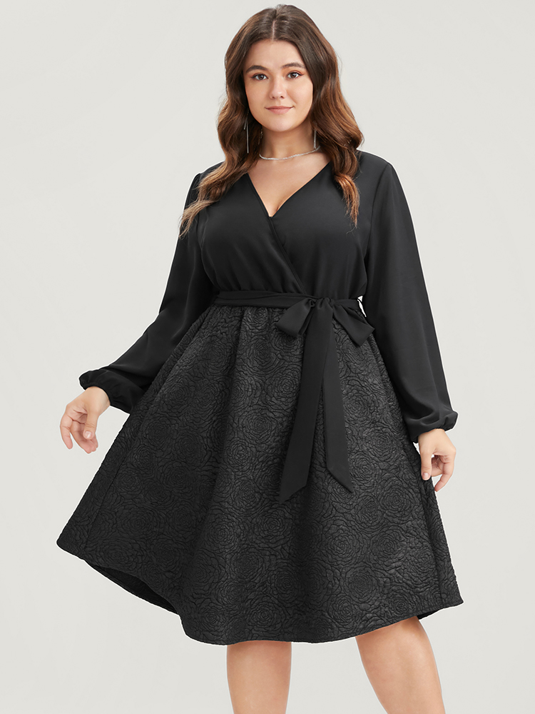 

Plus Size Solid Patchwork Wrap Pocket Belted Rose Textured Dress Black Women Office Patchwork V-neck Long Sleeve Curvy Knee Dress BloomChic