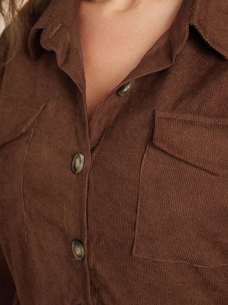 

Plus Size Solid Pocket Button Up Corduroy Shirt Collar Dress Without Belt DarkBrown Women Button Shirt collar Long Sleeve Curvy Midi Dress BloomChic
