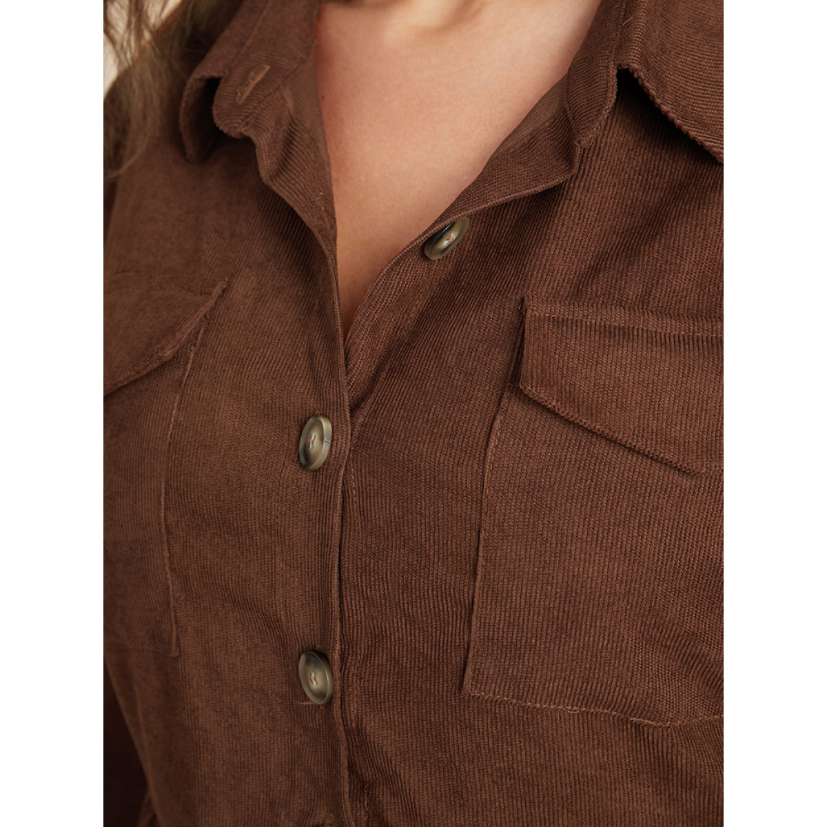 

Plus Size Solid Pocket Button Up Corduroy Shirt Collar Dress Without Belt DarkBrown Women Button Shirt collar Long Sleeve Curvy Midi Dress BloomChic