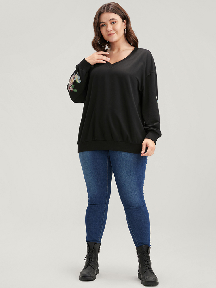 Plus Size Floral Embroidered V Neck Drop Shoulder Sweatshirt Women Black Casual Embroidered V-neck Dailywear Sweatshirts BloomChic 18-20/2X 