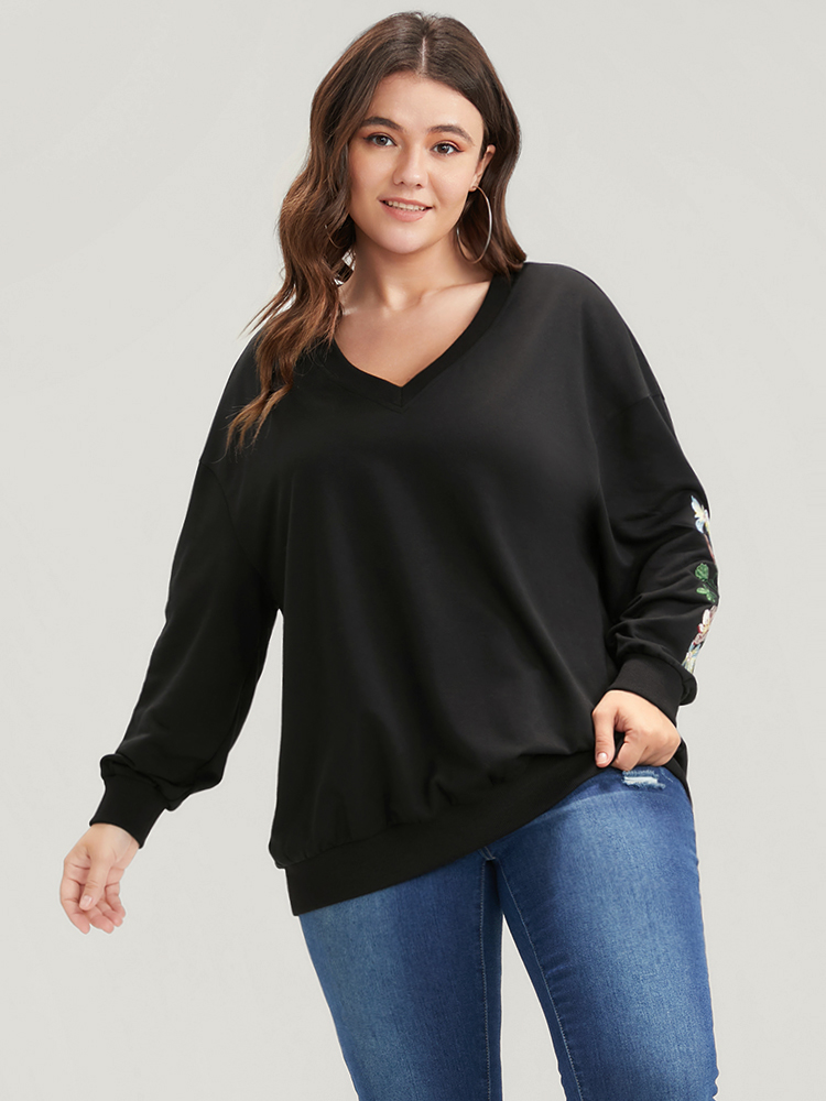 Plus Size Floral Embroidered V Neck Drop Shoulder Sweatshirt Women Black Casual Embroidered V-neck Dailywear Sweatshirts BloomChic 18-20/2X 
