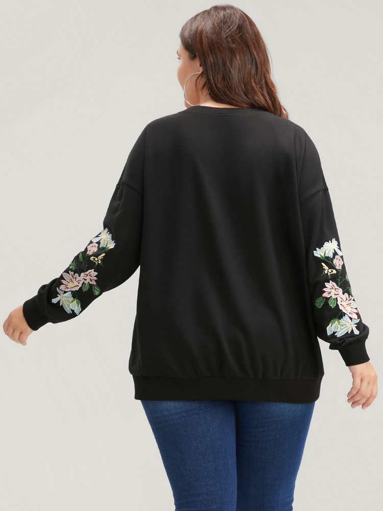Plus Size Floral Embroidered V Neck Drop Shoulder Sweatshirt Women Black Casual Embroidered V-neck Dailywear Sweatshirts BloomChic 18-20/2X 