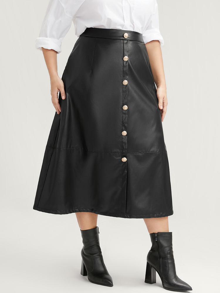 

Plus Size PU Leather Button Detail Skirt Women Black Glamour Button Low stretch Going out Skirts BloomChic