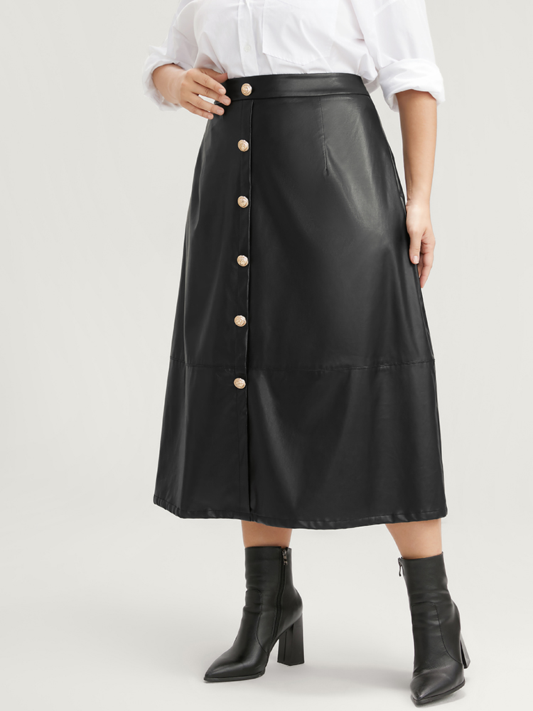 

Plus Size PU Leather Button Detail Skirt Women Black Glamour Button Low stretch Going out Skirts BloomChic