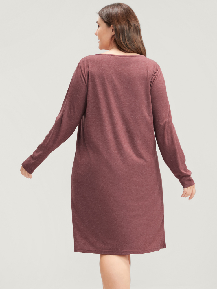 

Plus Size Solid V Neck Split Hem Sleep Dress Russet Long Sleeve V-neck Casual Home  Bloomchic