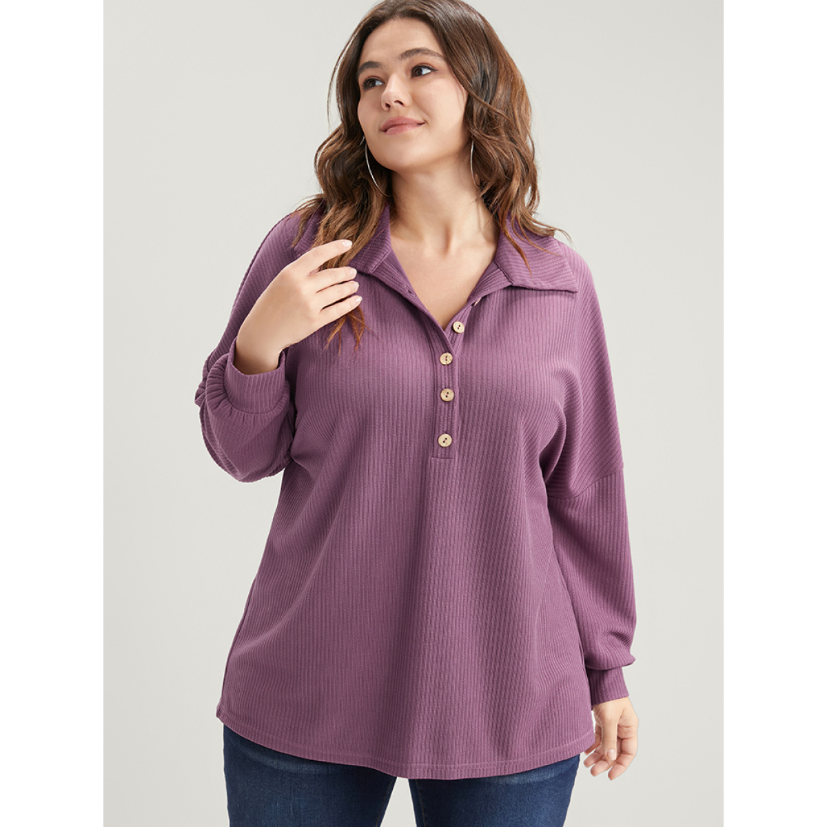 

Plus Size Solid Polo Neck Rib Knit Long Tee Mauve Women Elegant Plain Shirt collar Loose Dailywear T-shirts BloomChic