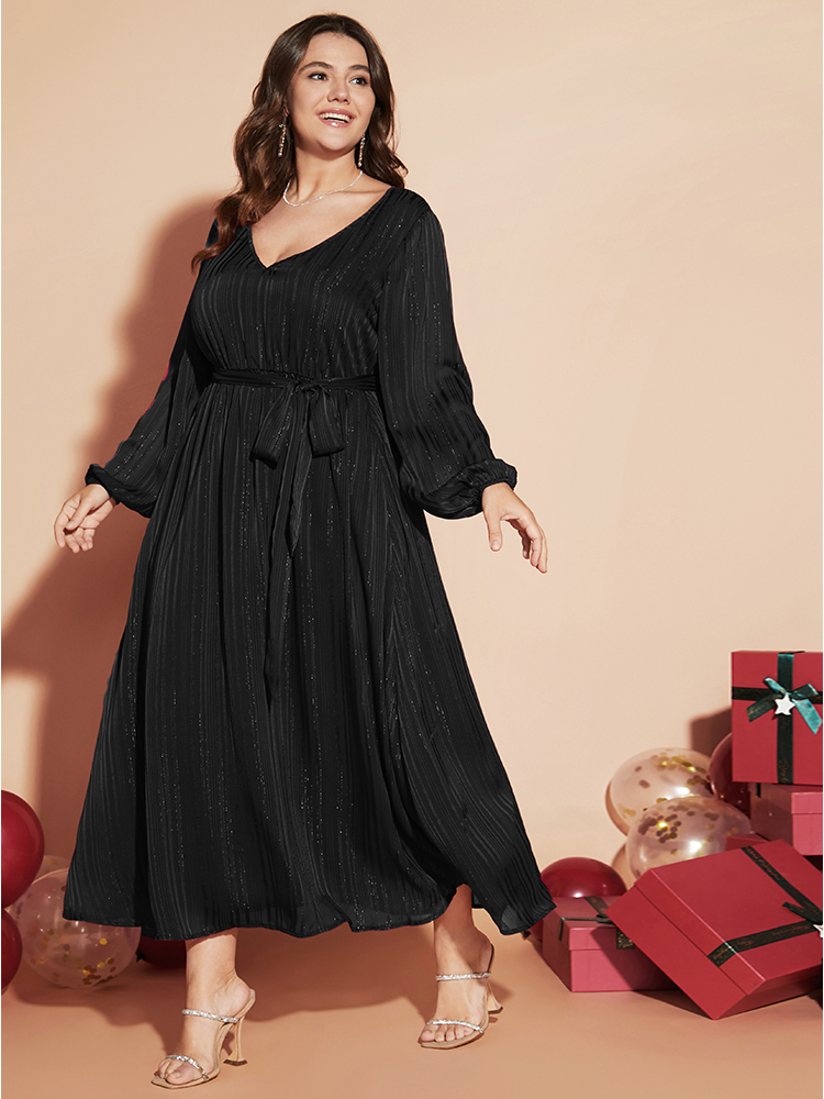 

Plus Size Solid Pocket Lantern Sleeve Belted Sequin Dress Black Women Party Pocket V-neck Long Sleeve Curvy Long Dress BloomChic