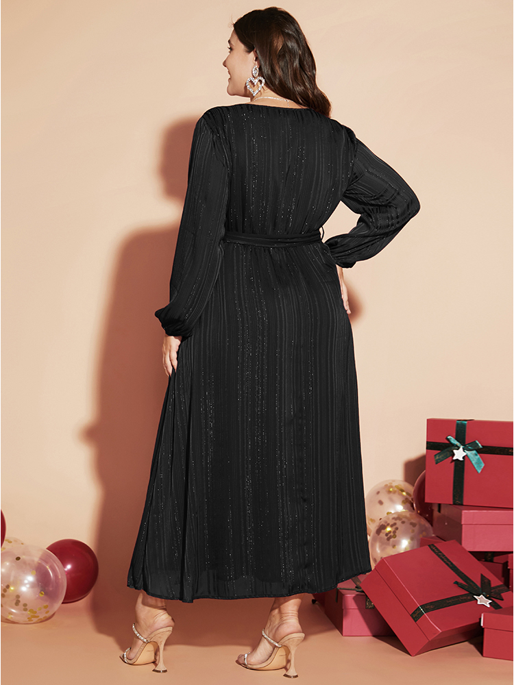 

Plus Size Solid Pocket Lantern Sleeve Belted Sequin Dress Black Women Party Pocket V-neck Long Sleeve Curvy Long Dress BloomChic