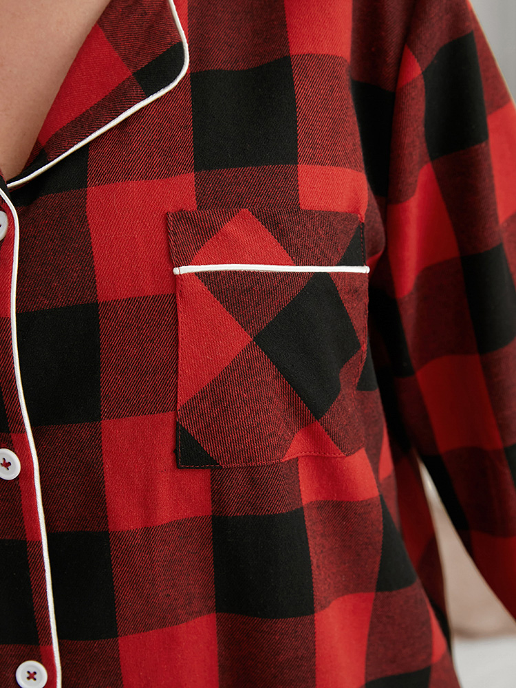 

Plus Size Plaid Contrast Trim Pocket Button Up Night Dress Scarlet Long Sleeve Lapel Collar Casual Festival-Christmas  Bloomchic