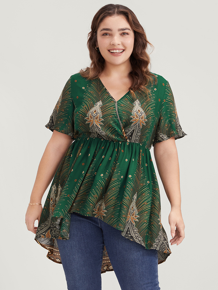 

Plus Size Green Bandana High Low Hem Flutter Wrap Blouse Women Vacation Short sleeve V-neck Dailywear Blouses BloomChic