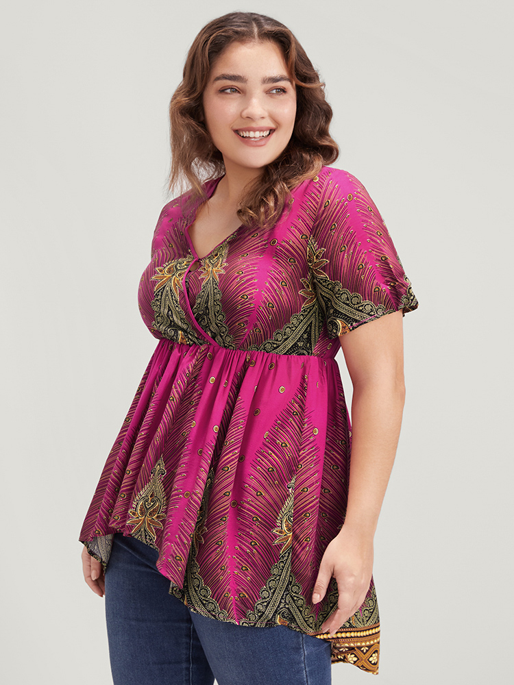 

Plus Size RedViolet Bandana High Low Hem Flutter Wrap Blouse Women Vacation Short sleeve V-neck Dailywear Blouses BloomChic