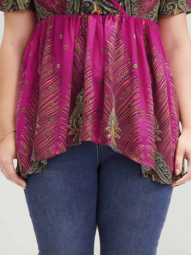 Plus Size Women Dailywear Bohemian Print Elastic Waist Ruffle Sleeve Short sleeve V-neck Vacation Blouses BloomChic 