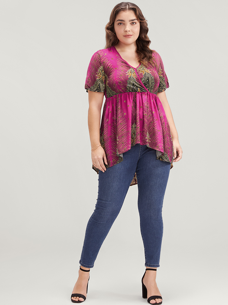 Plus Size Women Dailywear Bohemian Print Elastic Waist Ruffle Sleeve Short sleeve V-neck Vacation Blouses BloomChic 