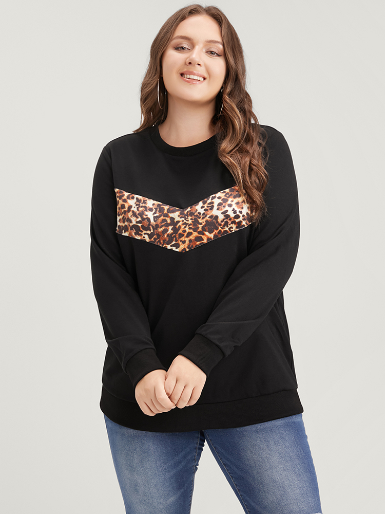 Plus Size Women Dailywear Leopard Patchwork Regular Regular Sleeve Long Sleeve Round Neck Casual Sweatshirts BloomChic 